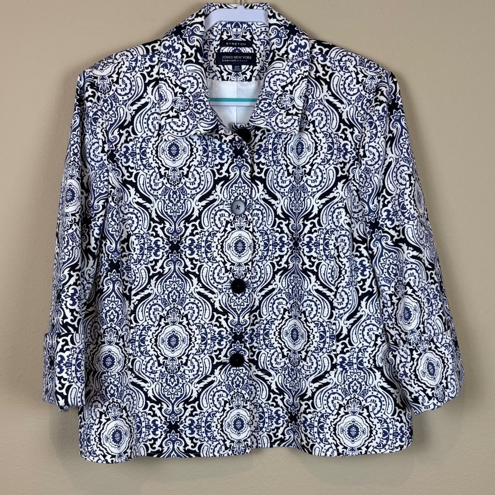 Jones New York Signature Blue/White Paisley Lined Jacket Blazer w/ Pockets